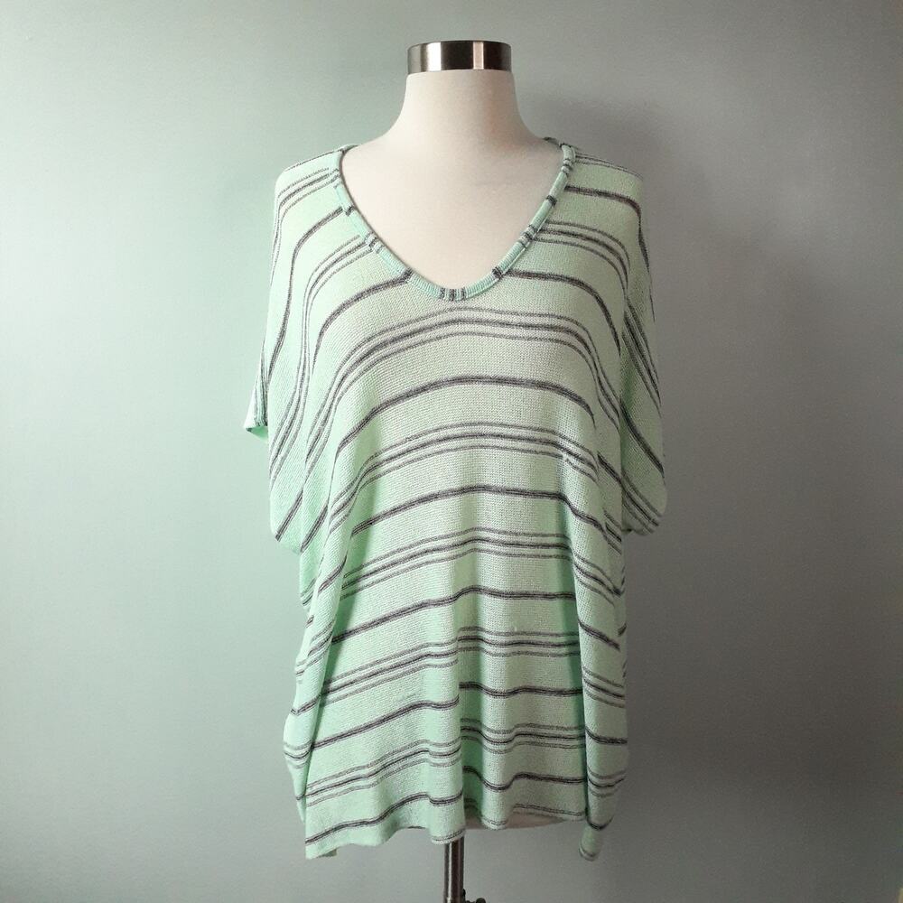 Moth Anthroplogie Green Stripe Oversized V-Neck Short Sleeve Knit Top Caftan XS